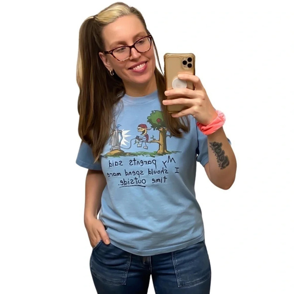 Vintage 90s Hilarious Gamer Tshirt Light Blue Unisex Size Medium Tee T-Shirt - Picture 7 of 12